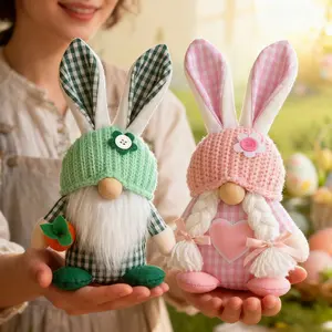 2 Piece Easter Gingham Bunny Ear Gnome Decoration Set, Rabbit Holiday Decor for Home Living Room, Perfect Valentine's and Back to School Gift, Crochet