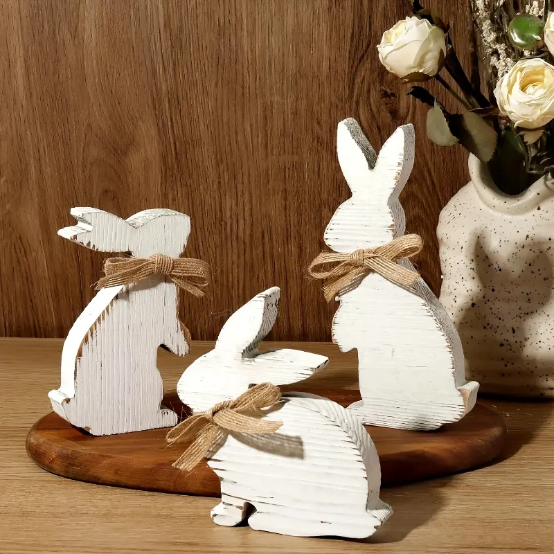 3pcs Easter Decorations for The Home Rustic Easter Bunny Wooden Table Centerpiece Signs White, Farmhouse Wood Bunny Decor Tiered Tray Decor Easter Decorations for Table, Vintage Easter Gifts Ornaments