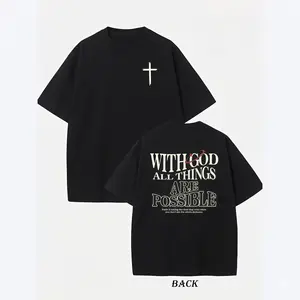 "WITH GOD" Cross Print Oversized T-Shirt |   Unisex Streetwear Drop Shoulder Tee |   Biblical Verse Back Graphic |   High Fashion Dark Aesthetic Couple Wear