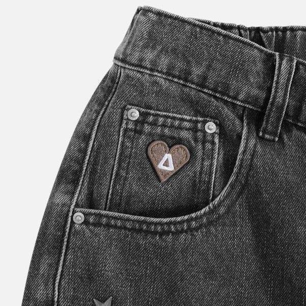 Aelfric Eden Rhinestone Washed Jorts Unisex Distressed Oversized Street Punk Black Denim Mid-Length Shorts Casual Embellished Pocket Badge Bottoms