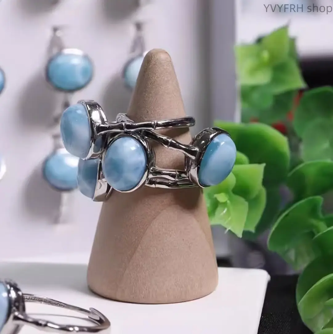 Minimalist Bamboo Bone Shape Open Larimar Ring, Natural Iridescent Ocean Ripple Larimar Adjustable Finger Ring, Elegant Temperament Ladies Light Luxury Gemstone Jewelry