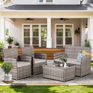 Four -Piece Courtyard Set, With Cushions And Coffee Tables, Outdoor Leisure Dialogue Sofa Combinations, Suitable For Gardens, Terraces, Etc., Home Or Commercial Places