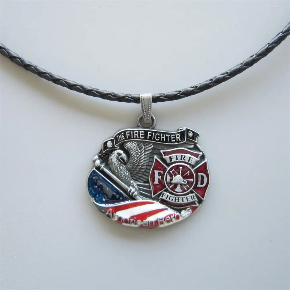 American Firefighter Hero Antique Stainless Steel Charm Pendant, Leather Chain Necklace