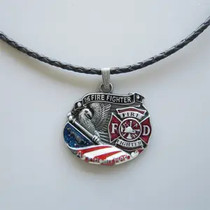 Hero Fire Firefighter Metal Charm Pendant Leather Necklace American