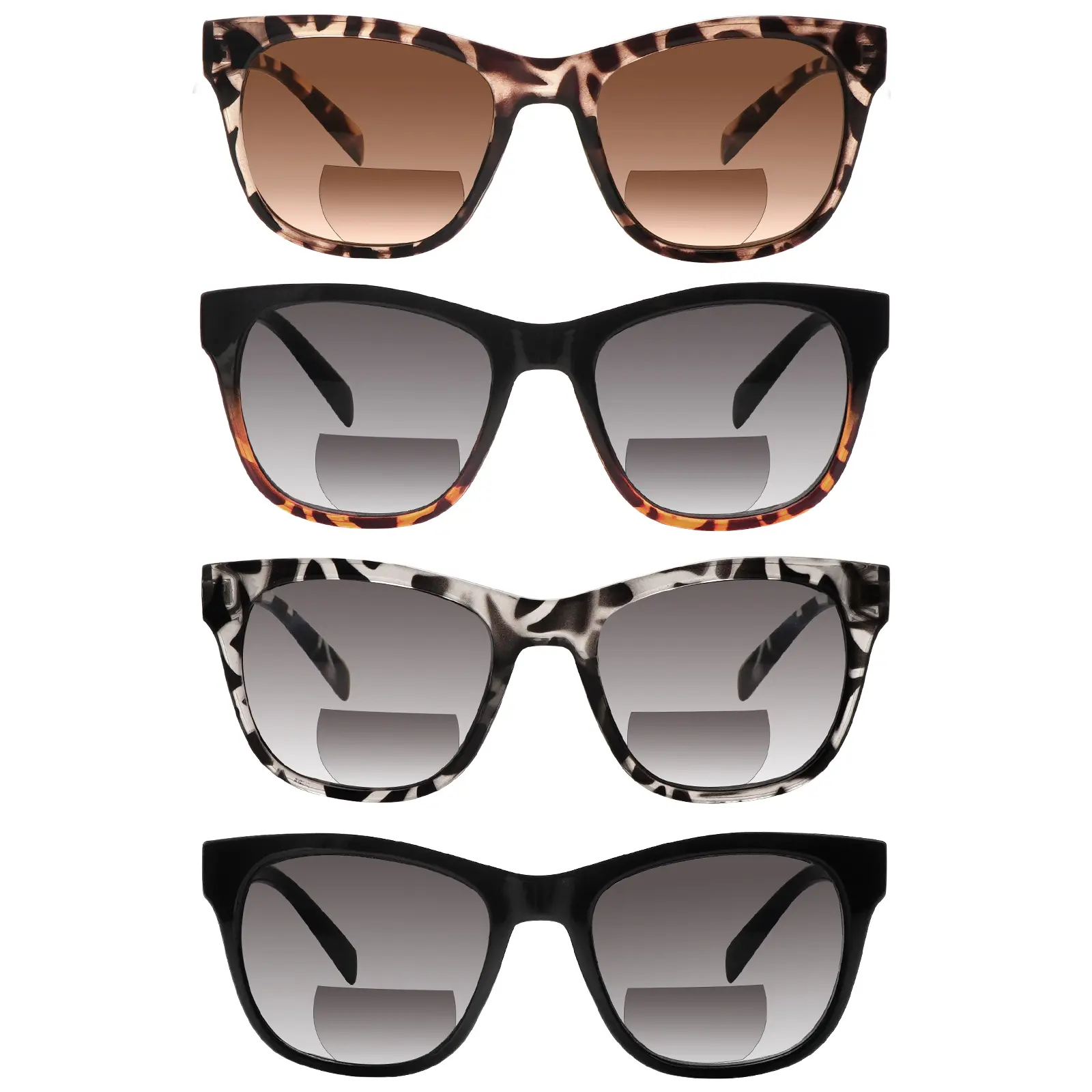 A 4-Pair Set of Women's Multifocal Gray-Tinted Functional Sunglasses Featuring a Stylish Square-Round Frame That Accentuates Facial Contours. The durable frames are ideal for outdoor activities or as a gift, making them a fashionable accessory.