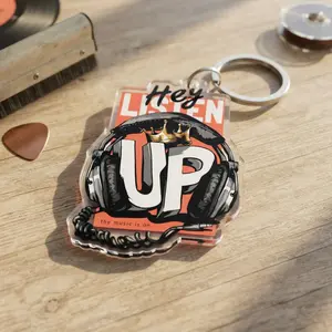 Music Lover Acrylic Keychain, DJ Headphone Keyring, Cool Graphic Charm for Backpack, Crown Key Holder, Retro Music Fan Gift Idea