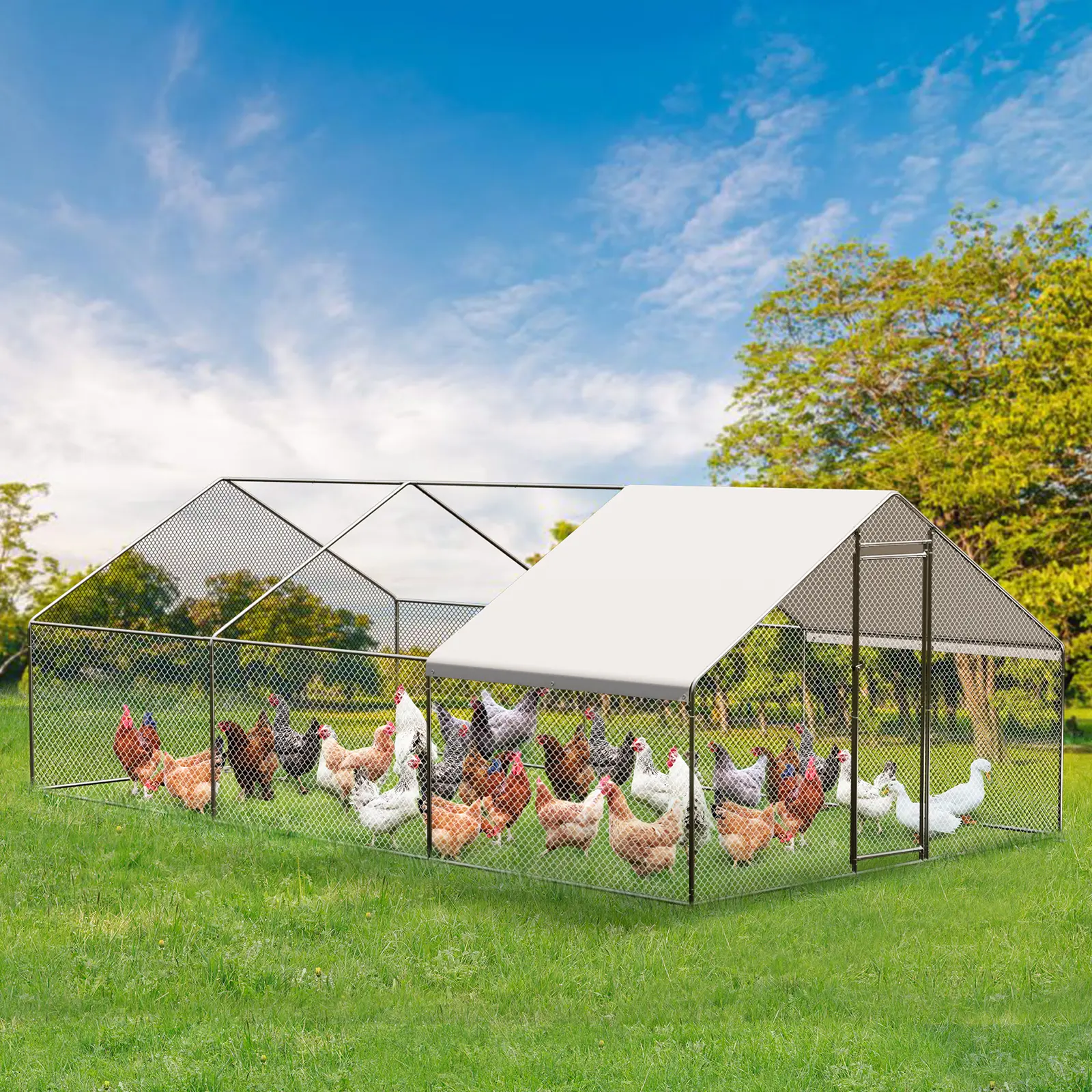 Large Metal Chicken Coop Wire Mesh Heavy Duty Chicken Run with Waterproof Cover and Anti-UV Cover Walk-In Poultry Cage for Yard Outdoor Duck Rabbit House Cage