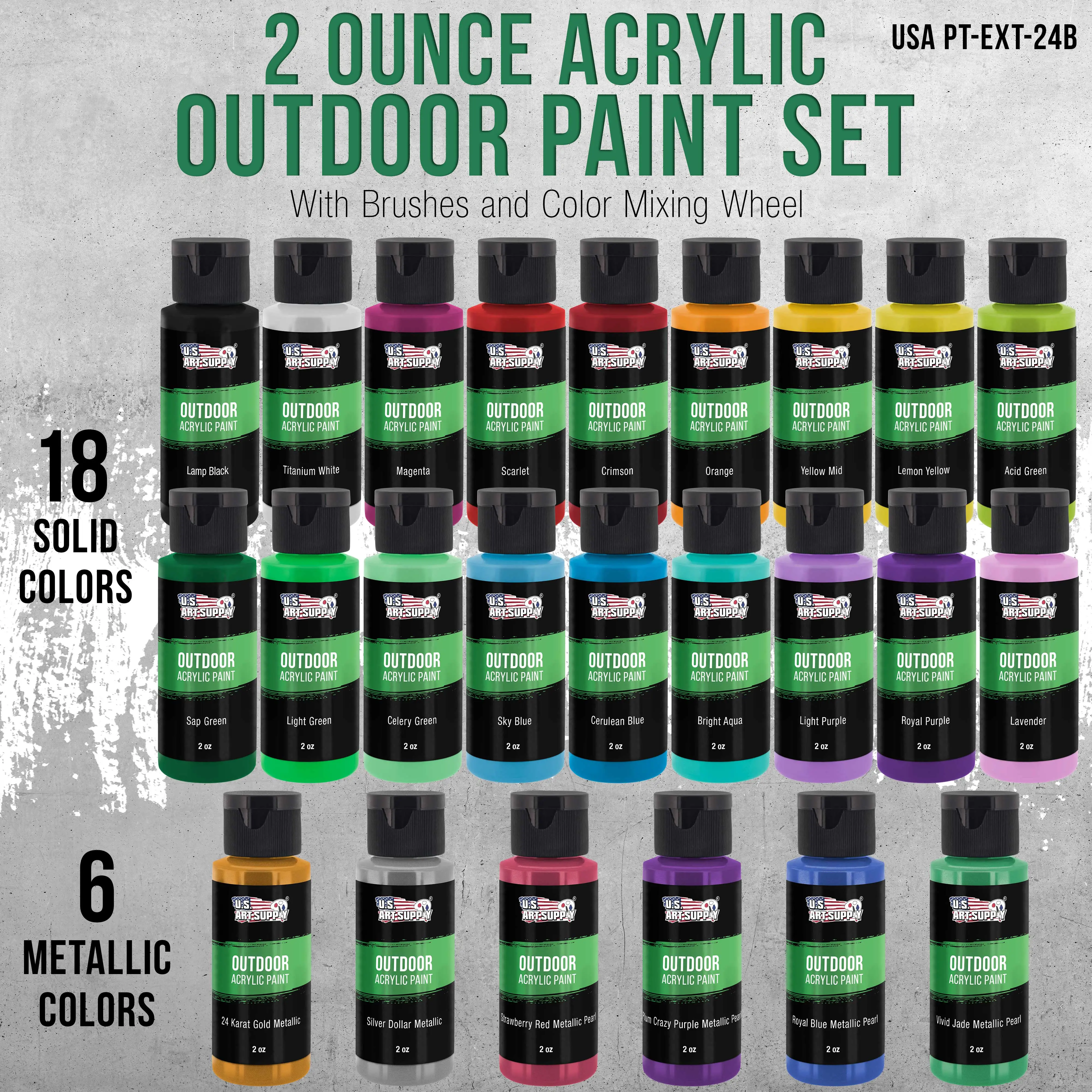 Professional 24 Color Outdoor Acrylic Paint Set, 2oz Bottles, with 7 Brush Kit - Vivid Colors for Painting Canvas, Rocks, Wood Crafts, Toys