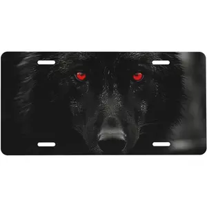 Car Front License Plate Cover Black Red Eyed Wolf Vanity Tag Aluminum License Plate Frame 4 Holes Novelty Licenseplate Holder for Women Men Gifts 12x6 Inch Funny Car Decor