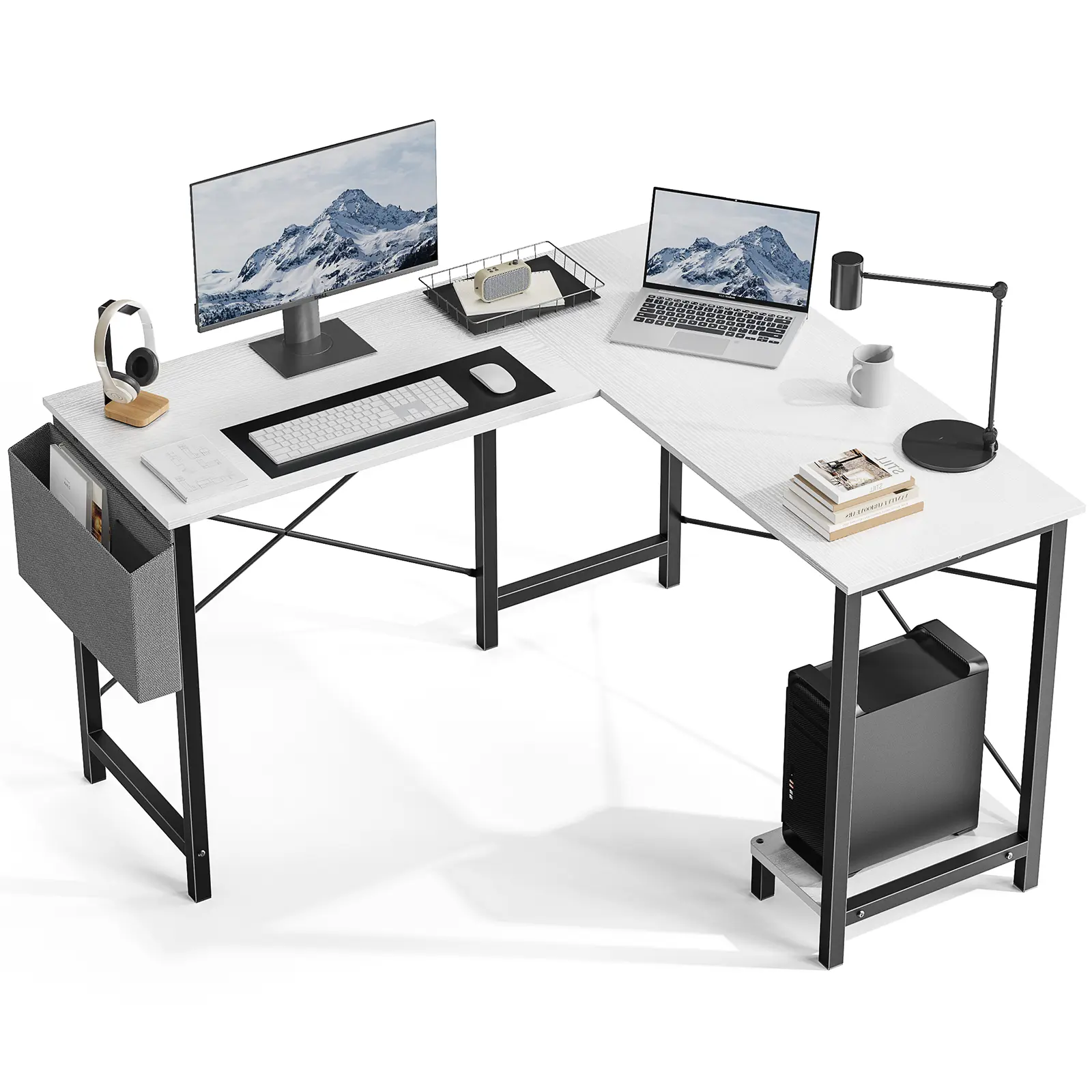 50in Sturdy Black Customizable L-Shape Multi Purpose Office Desk - Rustic Adjustable Home Office Writing Workstation with CPU Shelf, Side Bag, Spill-Safe Top, Dorm Gaming Solution (Assembly Required)