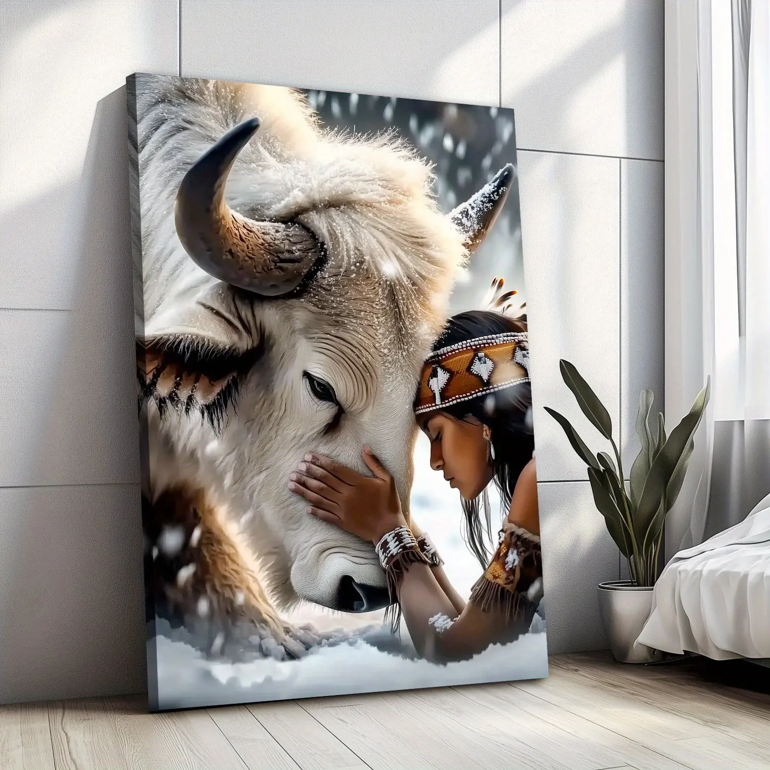 Large Artistic Canvas Print with Wooden Frame - Native American Woman with White Bison & Feather Headdress, Sunlit Snow Scene, Suitable for Modern Home Decoration & Room Wall Decor, Tribal, Sunlit Scene