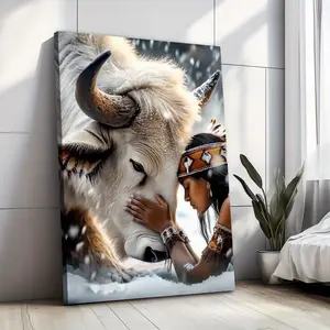 A Large Canvas Wall Art - Magnificent White Bison with Feather Headdress Native American Woman, Sunlit Snow Scene, Wooden Frame, Suitable for Home Decoration and, Bison Wall Art