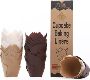 Bake Choice 200pcs Tulip Cupcake Liners for Baking Cups Standard Size Tulip Muffin Liners, Cupcake Wrapper, Brown, White, Unbleached Natural for Party, Christmas