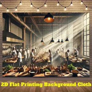 2D Flat, 1pc Busy Chef Kitchen Backdrop - Vibrant Polyester Photography Background with Industrial Chic Design, Perfect for Indoor/Outdoor Parties, Celebrations, and Live Streaming Decor, Party Decoration | Industrial Kitchen Scene | Durable Polyester,