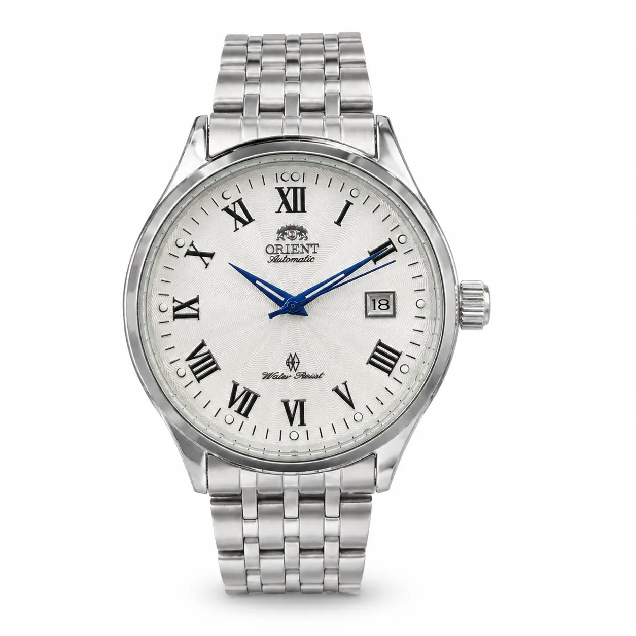 AAA Grade ORIENT Men's Vintage Round Automatic Mechanical Watch, Roman Numeral Guilloché Texture Dial, Date Display Window, Stainless Steel Bracelet Business Dress Wristwatch