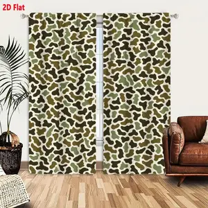 2D Flat 2-Piece Camouflage Curtain Set, Seamless Military Style Pattern with Green Brown Beige Shades, Irregular Organic Design for Outdoor Natural Blending, Textured Repeating Random Arrangement for Bedroom Living Room Decor