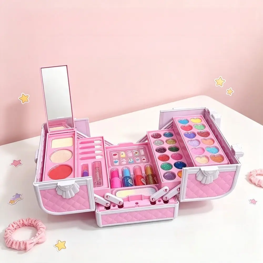 1pc Children's Simulated Household Makeup Toy Set - Portable Beauty Suitcase with Mirror, Including Eyeshadow, Lip Gloss, Nail Polish, Princess Role-Playing Toys, Little Girl's Birthday Christmas Gifts