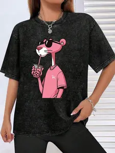 The Latest American-Style 100% Cotton T-Shirt Suitable For Both Men And Women. Featuring A Fun Retro Pink Leopard Print Cartoon Letter Pattern.