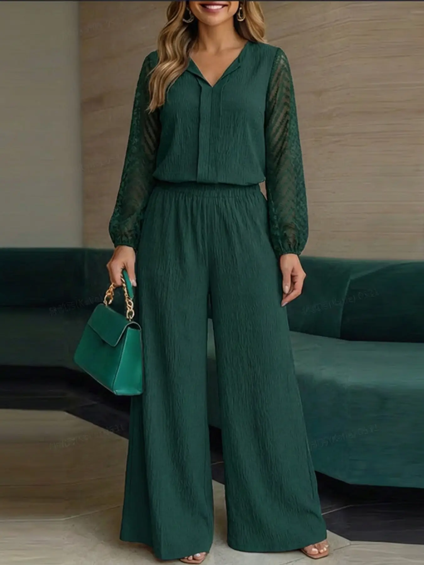Women's European Style Solid Color Long Sleeve V-Neck Shirt + Wide Leg Pants Set, Womenswear, Outfit, Casual Fashion, Comfortable and Stylish