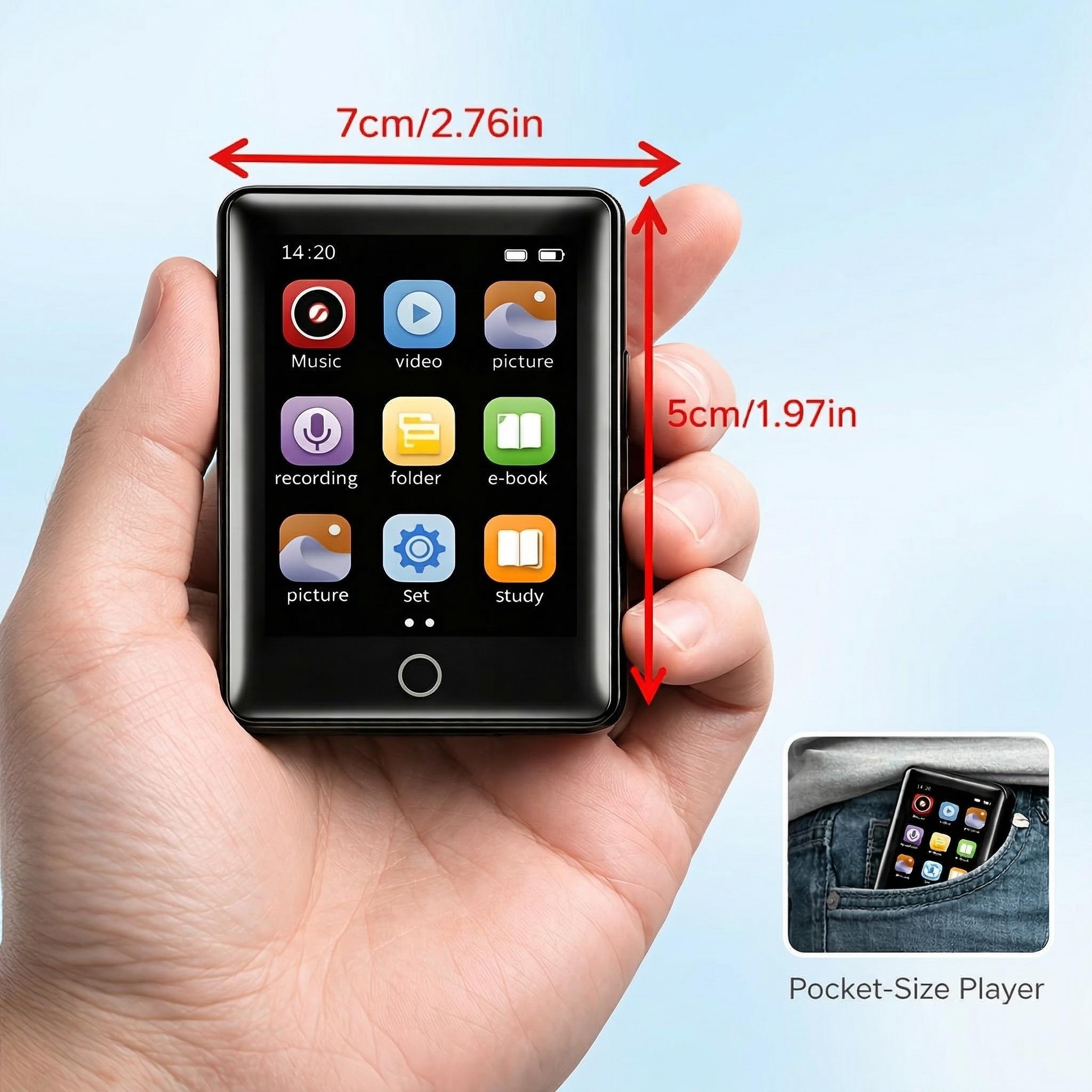 Full touchscreen MP3/MP4 player | Portable multimedia music player | Hi‑Fi external audio quality | Supports video playback, e‑book reading, and high‑definition recording | Supports TF card expansion up to 128 GB (memory card not included)