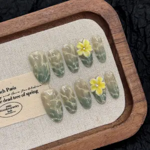 AURÉA | Mint Green Ocean Wave Cat Eye Press On Nails Medium Oval 3D Yellow Floral Handmade Reusable Nail Art for Spring Summer