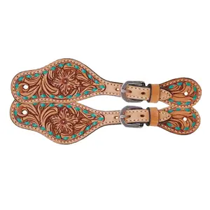 Rafter T Tack Kids Spur Straps w/ Floral Tooling & Turquoise Buckstitch