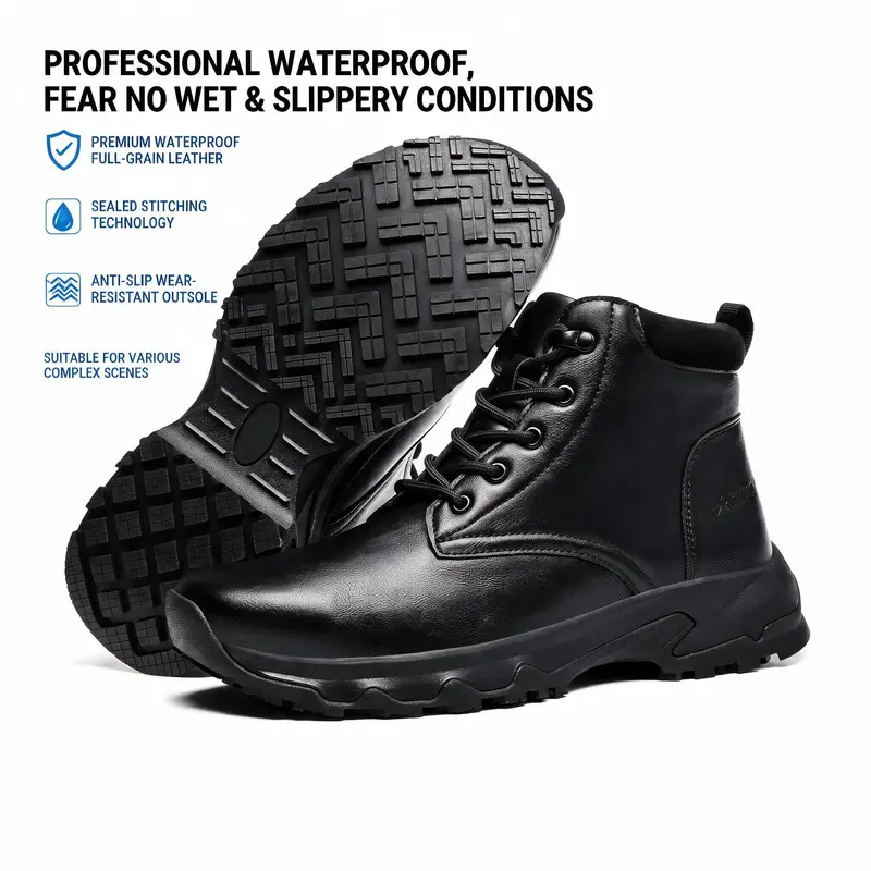 ARISIC Men's Faux Leather Lace-Up Ankle-Style Boots - Above the Ankle But Below the Knee, Waterproof, Slip Resistant, Rubber-Soled Closed Work & Training Shoes for All Seasons Kitchen Use