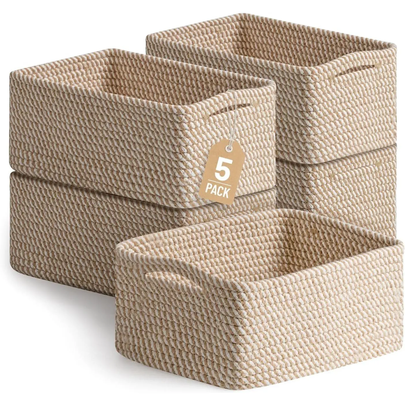 Set of 5 decorative small storage baskets, suitable for shelves, cotton rope woven baskets, used for organizing bathrooms, baby rooms, wardrobes, cabinets, toys, and socks, empty gift baskets, size 11.8"x7.9"x4.7", khaki color