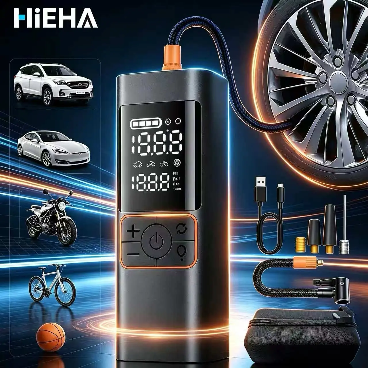 HIEHA 2026 New Pocket-Size Wireless Tire Inflator, 180PSI heavy-duty air compressor with accurate digital readout and LED light. Battery-operated cordless air pump for car tires, motorbikes, bicycles, soccer & basketballs, must-have gear for road trips.