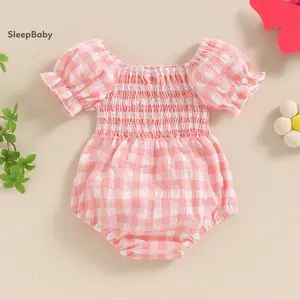 Baby Short Sleeve Romper with Plaid Pattern, Sweet Style Color Matching Summer Clothing Ruffle Sleeveless Baby Romper Outfits