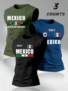 Trendy Sporty Men's 3-Piece Set, Mexican Theme Breathable Quick-Dry Sleeveless Fitness Tank, Casual Round Neck Comfort Style, Sports Vests