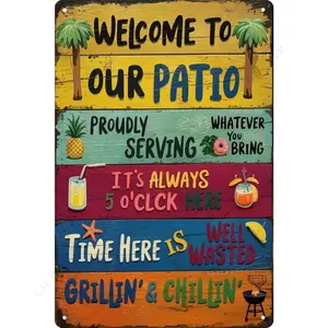 Vintage Fun Welcome to Our Patio BBQ Metal Sign, Retro Outdoor Barbecue Wall Decor, Humorous Welcome Plaque for Backyard Parties, Rustic Farmhouse Design