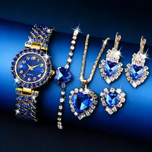 6pcs - Women's Quartz Watch&Jewelry Set - High Precision - Heart shaped Necklace, Crystal Earrings, Bracelet, Ring, Valentine's Day Mother's Day Gift, Suitable for Giving to Girlfriend and Mother