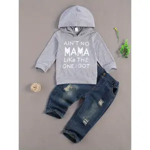 Toddler Boys' 2pcs Outfit Set - Letter Print Long Sleeve Hooded Sweatshirt and Ripped Jeans, Cotton, Machine Washable, Fall/Winter, Ages 6 to 24 Months, Baby Clothes, Pullover Tops, 2 3 T, Perfect for Outdoor
