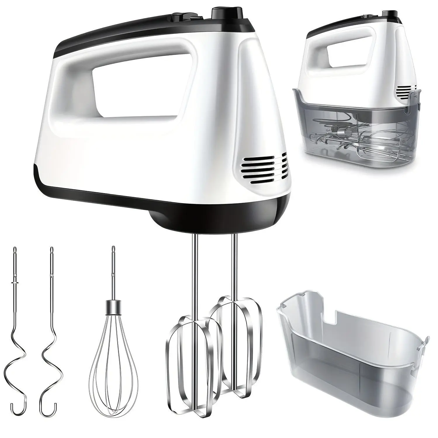 Hand Mixer Electric, 6 Speed & Turbo Handheld Mixer with 5 Stainless Steel Accessories, Electic Mixer for Whipping, Mixing Cookies, Brownie, Cakes, Dough Batters, Snap-On Storage Case, White.