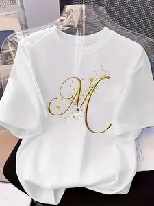 Women's Casual Short Sleeve T-Shirt, M Letter Print, Slim-Fitting Round Neck Top, All Seasons, Ladies' Fashion Apparel