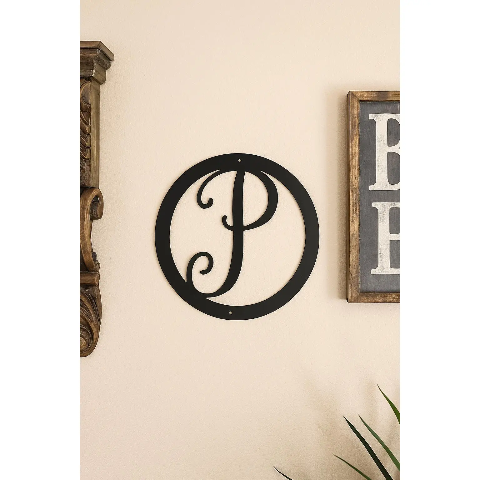 Metal letter P in circle