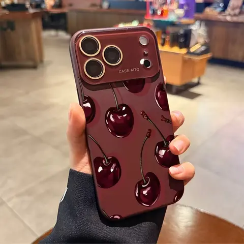 Low-Saturation Retro Red Cherry Pattern Dopamine Ins Style Solid Cellphone Case for iPhone 17-14,13,12 - Ultra Skin-Friendly Touch, All-Inclusive Lens Protection, Handheld Accessory