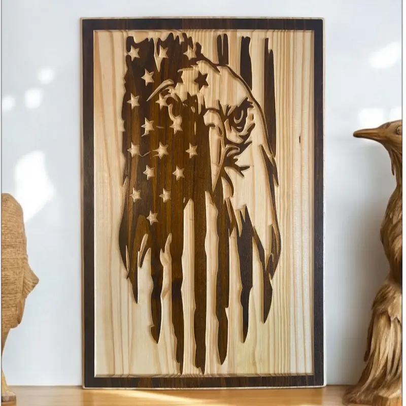 Eagle Tattered U.S. Flag Wooden Hangable 18x12 Plaque for Home Decoration with Natural Wood Finish and American Flag Design