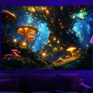 Blacklight Fantasy Mushroom Forest Tapestry, Magical Elves Fairy Fireflies Tree of Life UV Reactive Neon Nature Landscape Wall Hanging Tapestries for Bedroom, Living Room