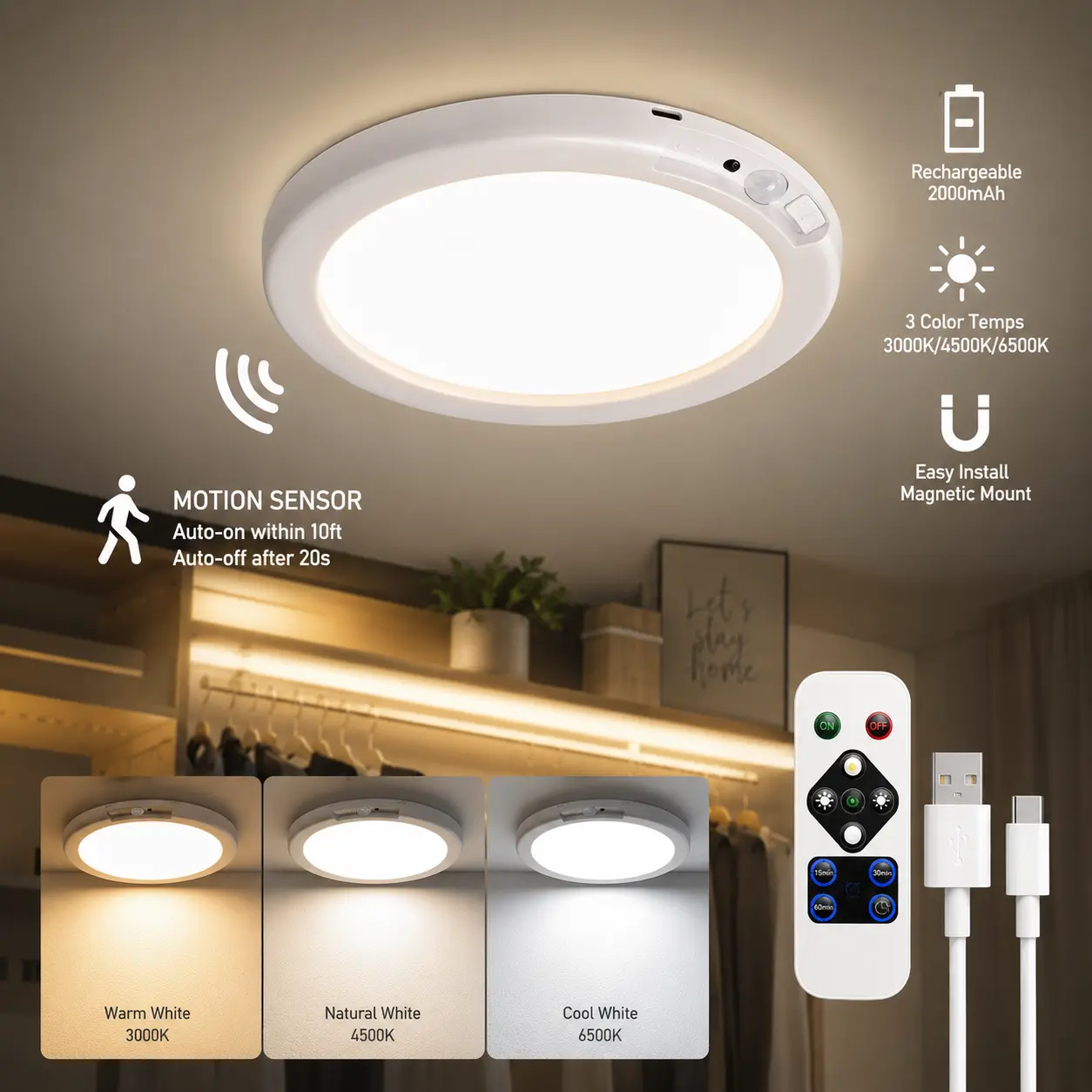 Rechargeable Motion Sensor Ceiling Light with Remote, Wireless Magnetic LED Light, 3 Color Modes, Battery Operated for Closet, Shower, Pantry, Hallway, Garage