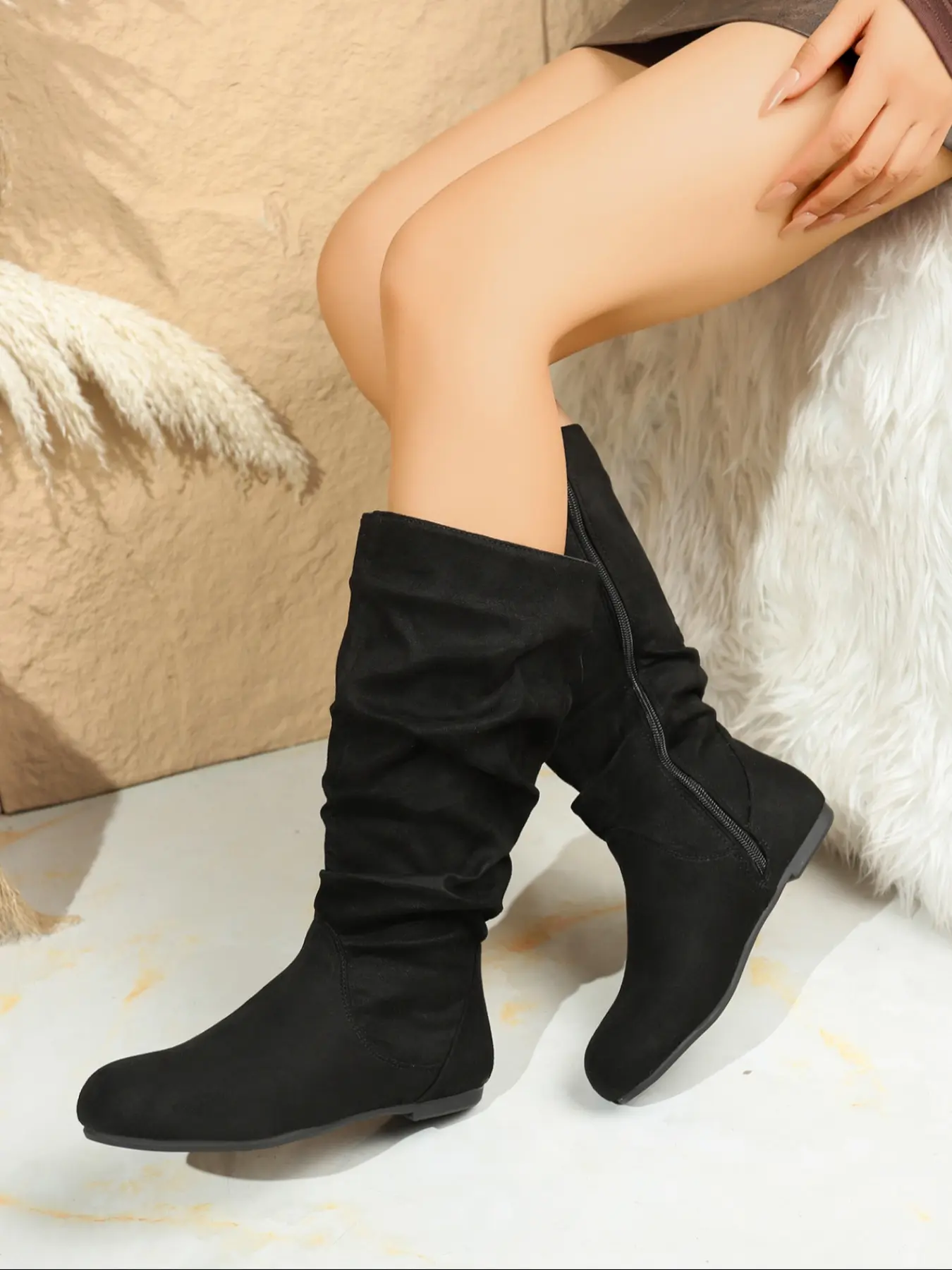 New Fashion Wrinkle Long Boots, Comfortable Flat Heel Women's Boots, Fall & Winter Trendy Boots, American Retro Style, Rubber, Ruched Boot, Footwear