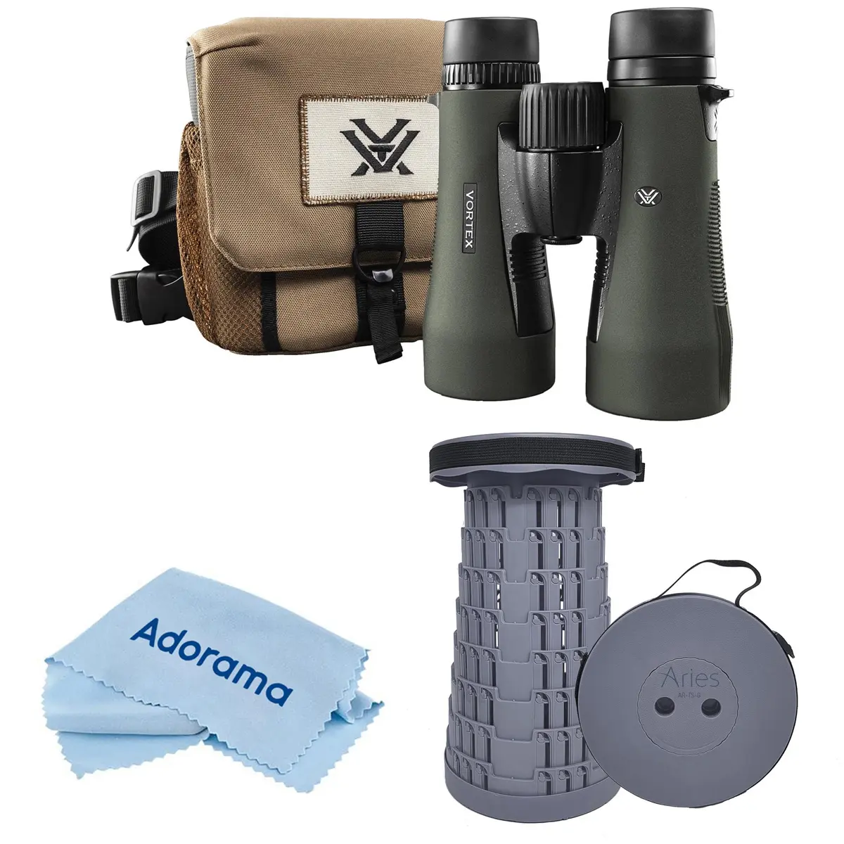 Vortex Optics 12x50 Diamondback HD Roof Prism Binocular, 5.2 Degree Angle of View, Bundle with Portable Telescoping Stool/Chair, Cleaning Cloth