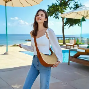 Herald Straw Crossbody Bag for Women Beach Woven Hobo Handbag Summer Chic Crescent Shoulder Purses with Adjustable Strap