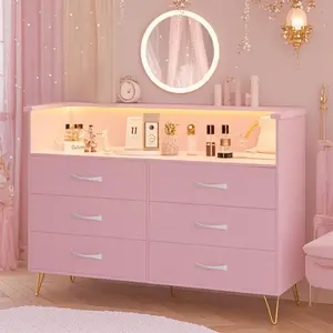 6 Drawers Dresser for Bedroom with Power Outlet & LED Light Wooden Dresser with Open Storage, Wide TV Stand Organizer for Bedroom, Living Room, Entryway, Hallway