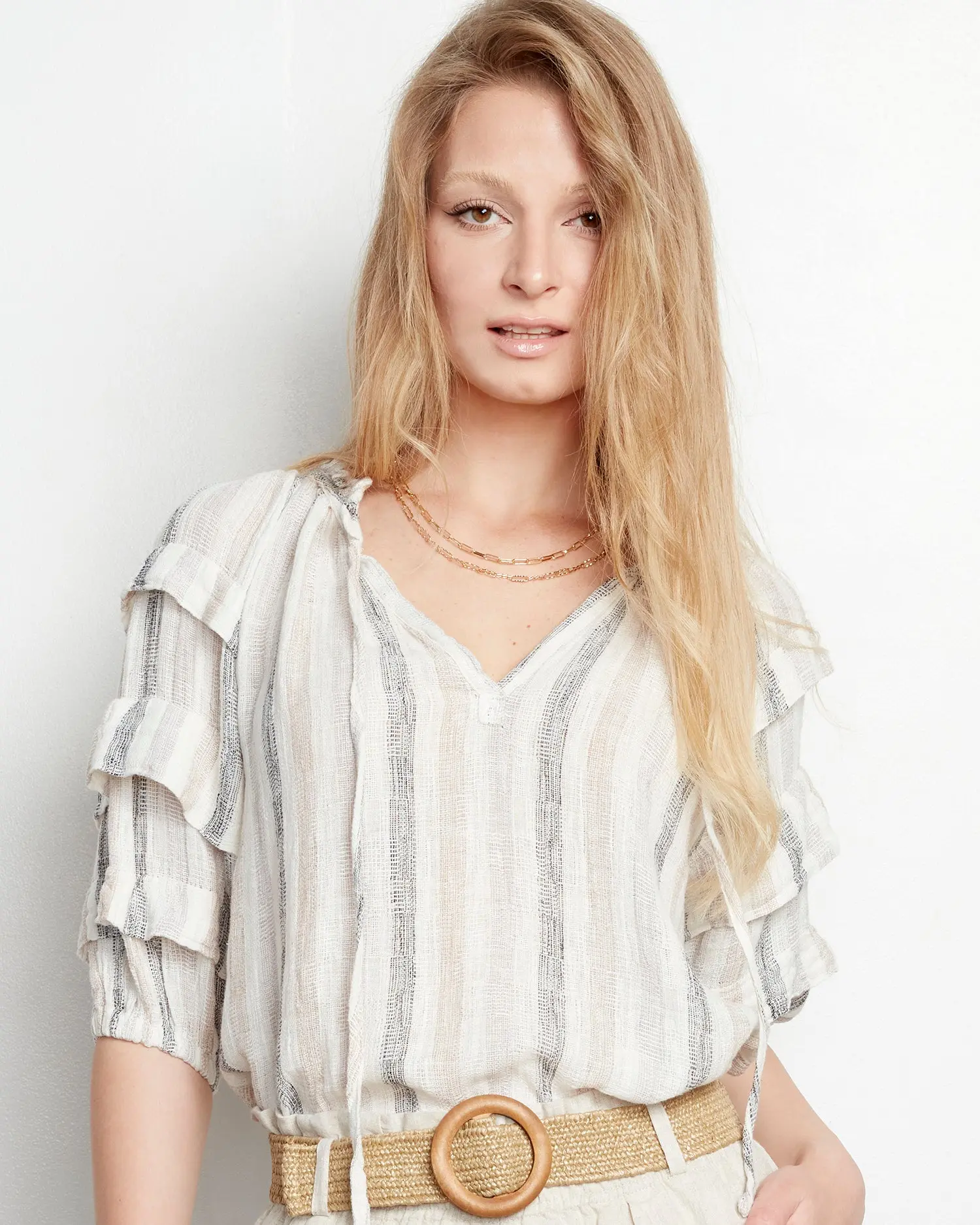 MILA Sheer Stripe Pintuck Sleeve Top, Smoke
