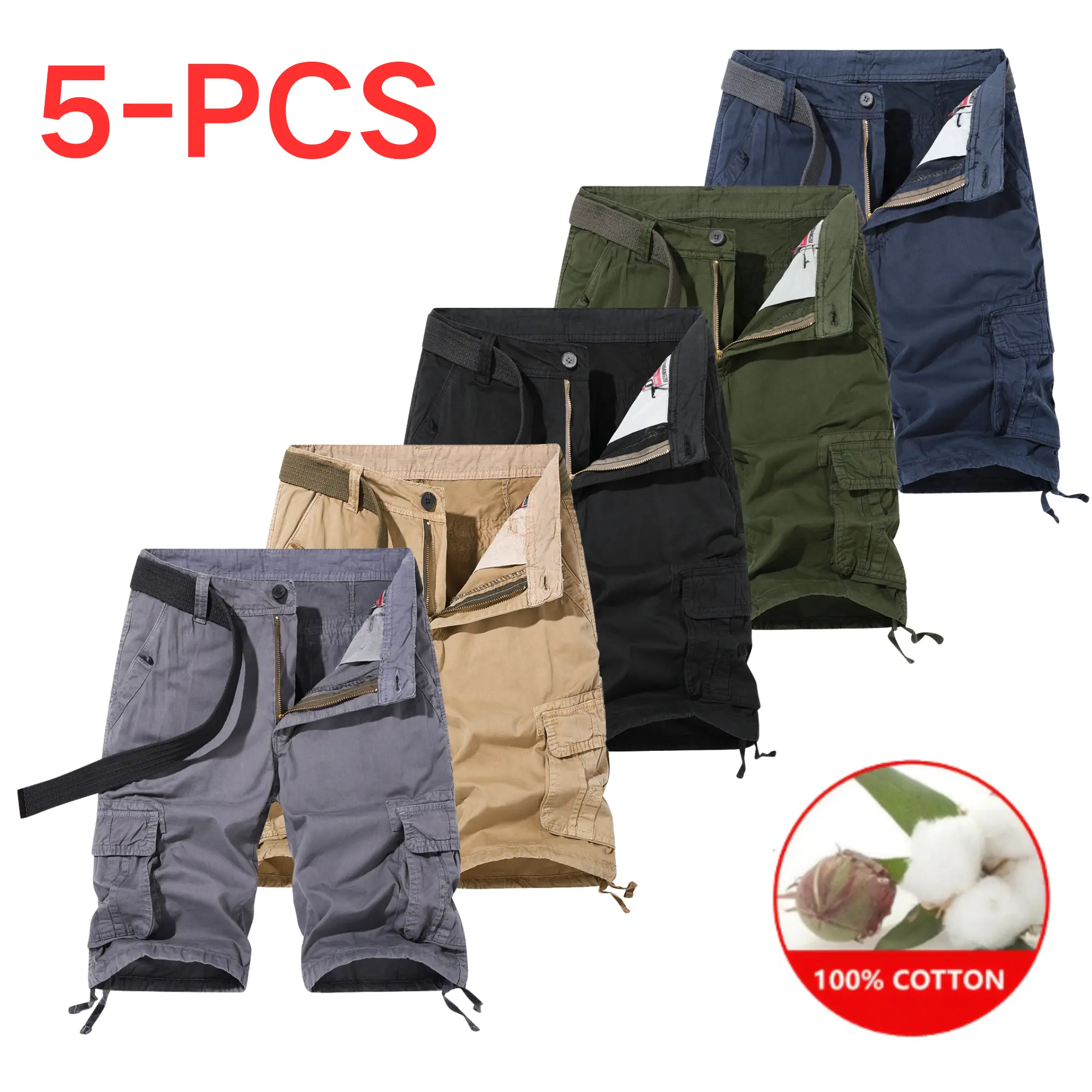 Men's 5-Pack Plain 100% Cotton Cargo Casual Shorts - Button Closure, Pocketed Design, Mid Waist, Loose Fit, Belt-Included, Skin-Friendly Breathable Fabric, Ideal for Everyday Outings, Tropical Beige, Button Men's Shorts, Pocketed Men's Shorts