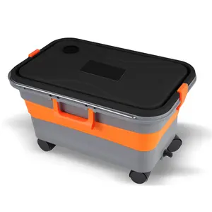 Mean yeah-Collapsible Bucket for Car Washing with Wheels, Handle, Drain Plug and Water Outlet, Foldable Multi-Use for Mop Cleaning, Camping, RV, Pet Bathing and Laundry