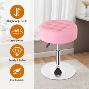 Zenstyle 360° Swivel Tufted Vanity Stool Modern Makeup Ottoman Stool PU Leather Pink Durable Iron Base