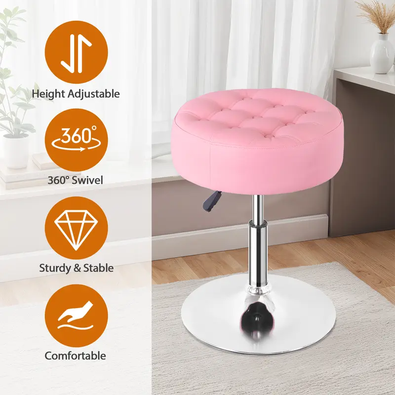 Zenstyle 360° Swivel Tufted Vanity Stool Modern Makeup Ottoman Stool PU Leather Pink Durable Iron Base